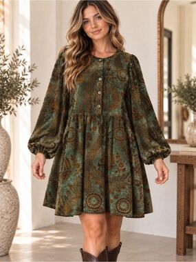 Hudson Gray Green Burnout Velvet Dress L Whimsigoth Damask Boho Balloon Sleeve